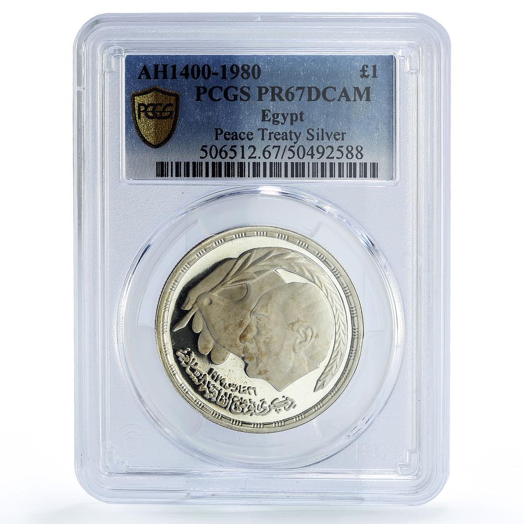 Egypt 1 pound Peace Treaty Anwar Sadat Politics PR67 PCGS silver coin 1980