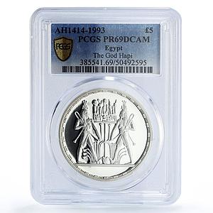 Egypt 5 pounds Ancient Treasures God Hapi Statue PR69 PCGS silver coin 1993