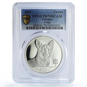 Gibraltar 1 crown Home Pets Dogs Welsh Corgi Animals PR70 PCGS silver coin 1991