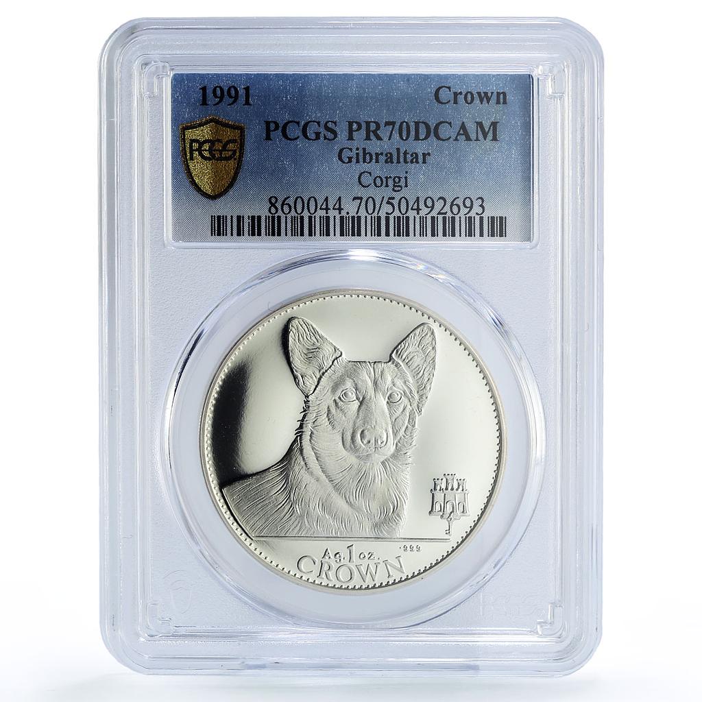 Gibraltar 1 crown Home Pets Dogs Welsh Corgi Animals PR70 PCGS silver coin 1991