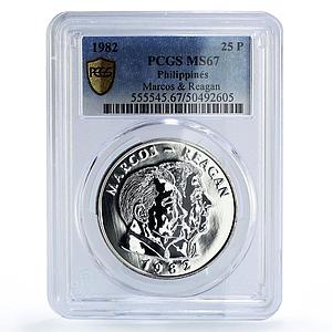 Philippines 25 piso Marcos Reagan Meeting Politics MS67 PCGS silver coin 1982
