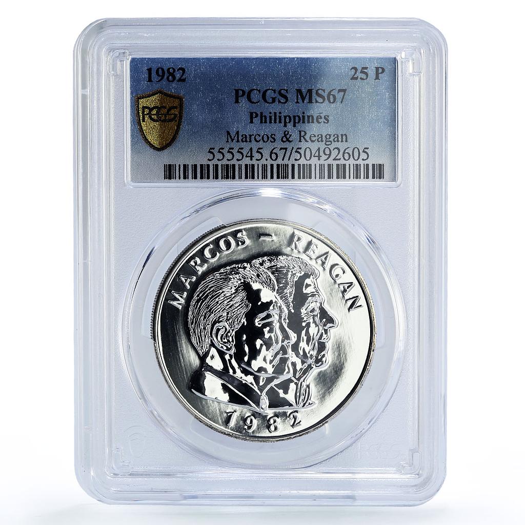 Philippines 25 piso Marcos Reagan Meeting Politics MS67 PCGS silver coin 1982