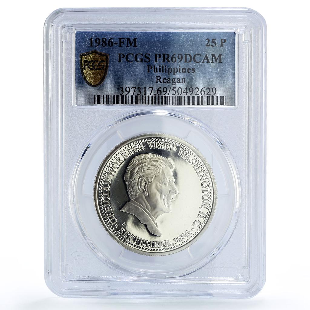 Philippines 25 piso Aquino Reagan Visit Politics PR69 PCGS silver coin 1986