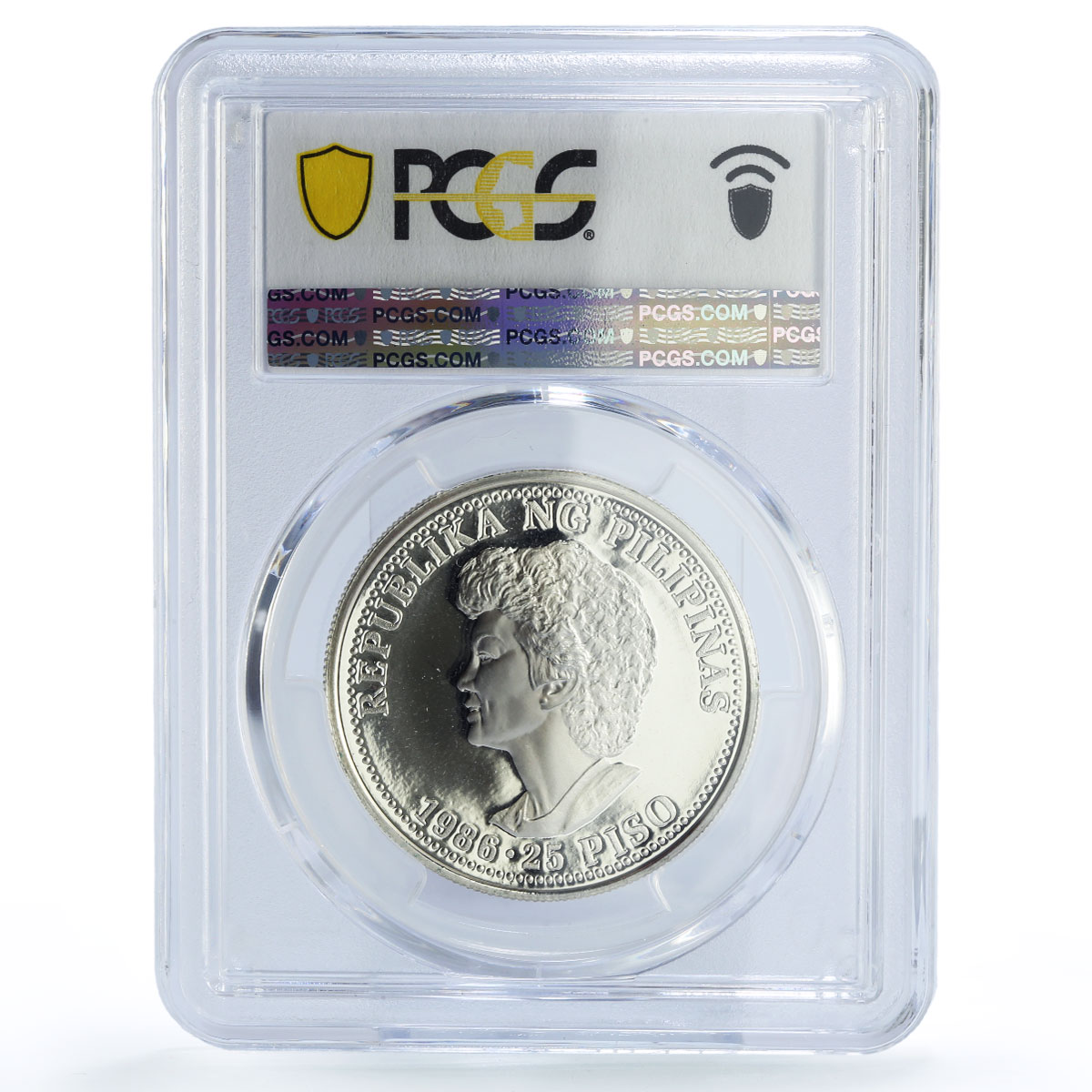 Philippines 25 piso Aquino Reagan Visit Politics PR69 PCGS silver coin 1986
