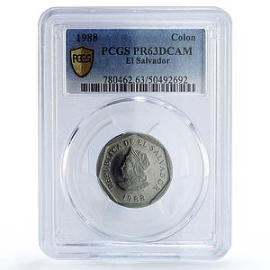 El Salvador 1 colon Republic Coinage Columbus KM-156 PR63 PCGS steel coin 1988