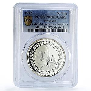 Mongolia 50 togrog America Discovery Columbus Ship PR68 PCGS silver coin 1992
