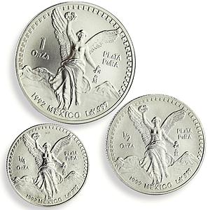 Mexico 1, 1/2, 1/4 onza Set Libertad Angel of Independence silver coins 1992