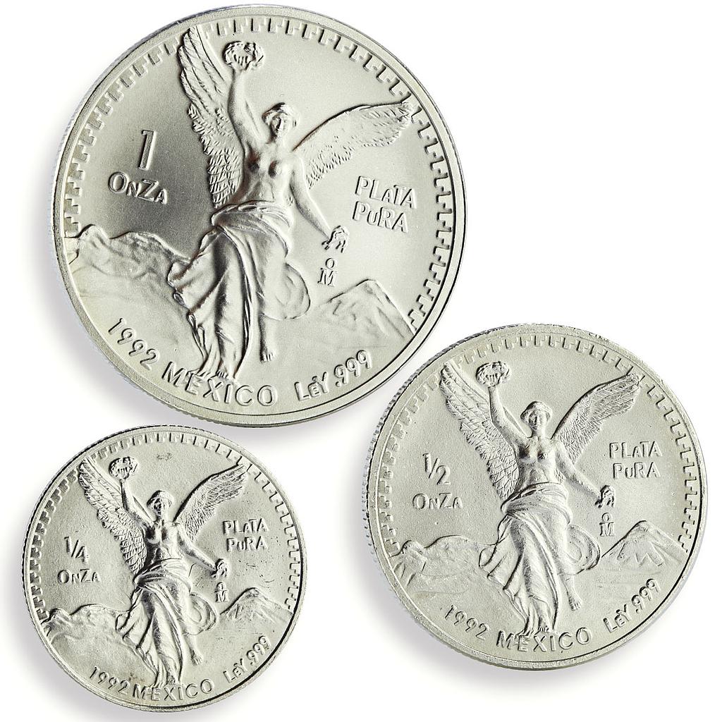 Mexico 1, 1/2, 1/4 onza Set Libertad Angel of Independence silver coins 1992