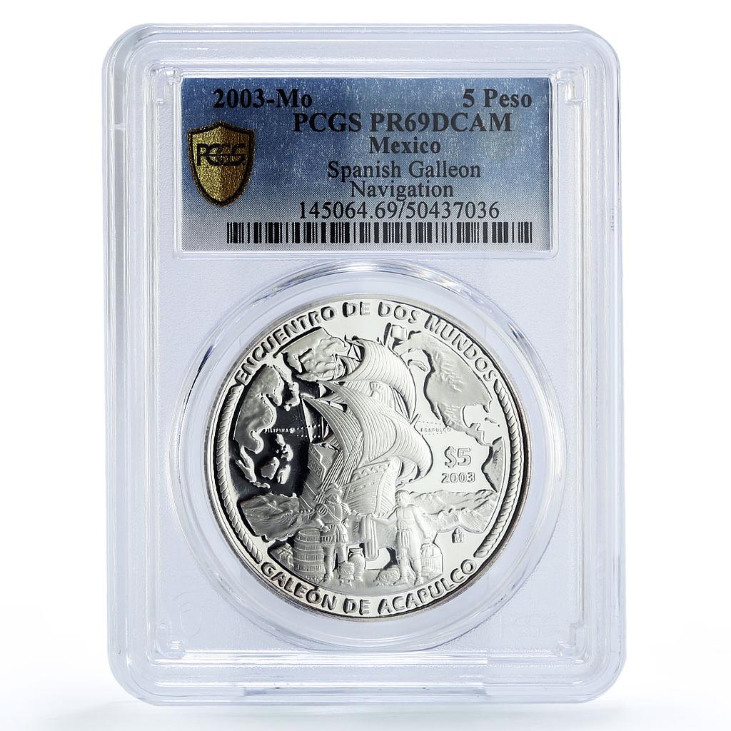 Mexico 5 pesos Ibero-American Acapulco Galleon Ship PR69 PCGS silver coin 2003