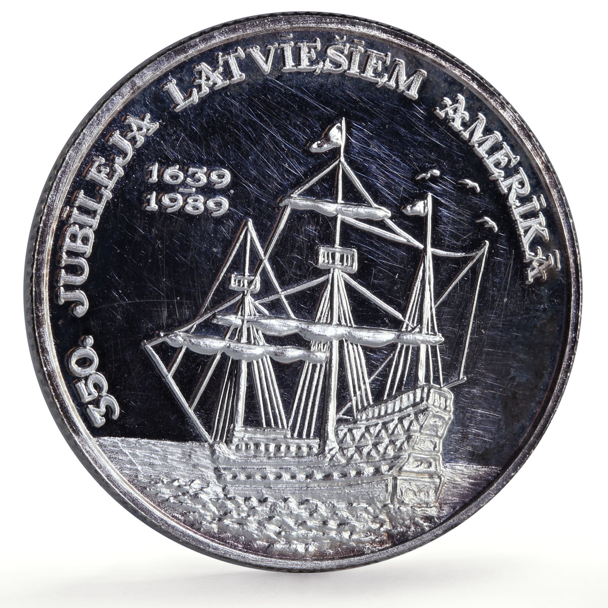 Latvia 1 unce ounce oz Latvians America Ship Clipper BU silver token coin 1989