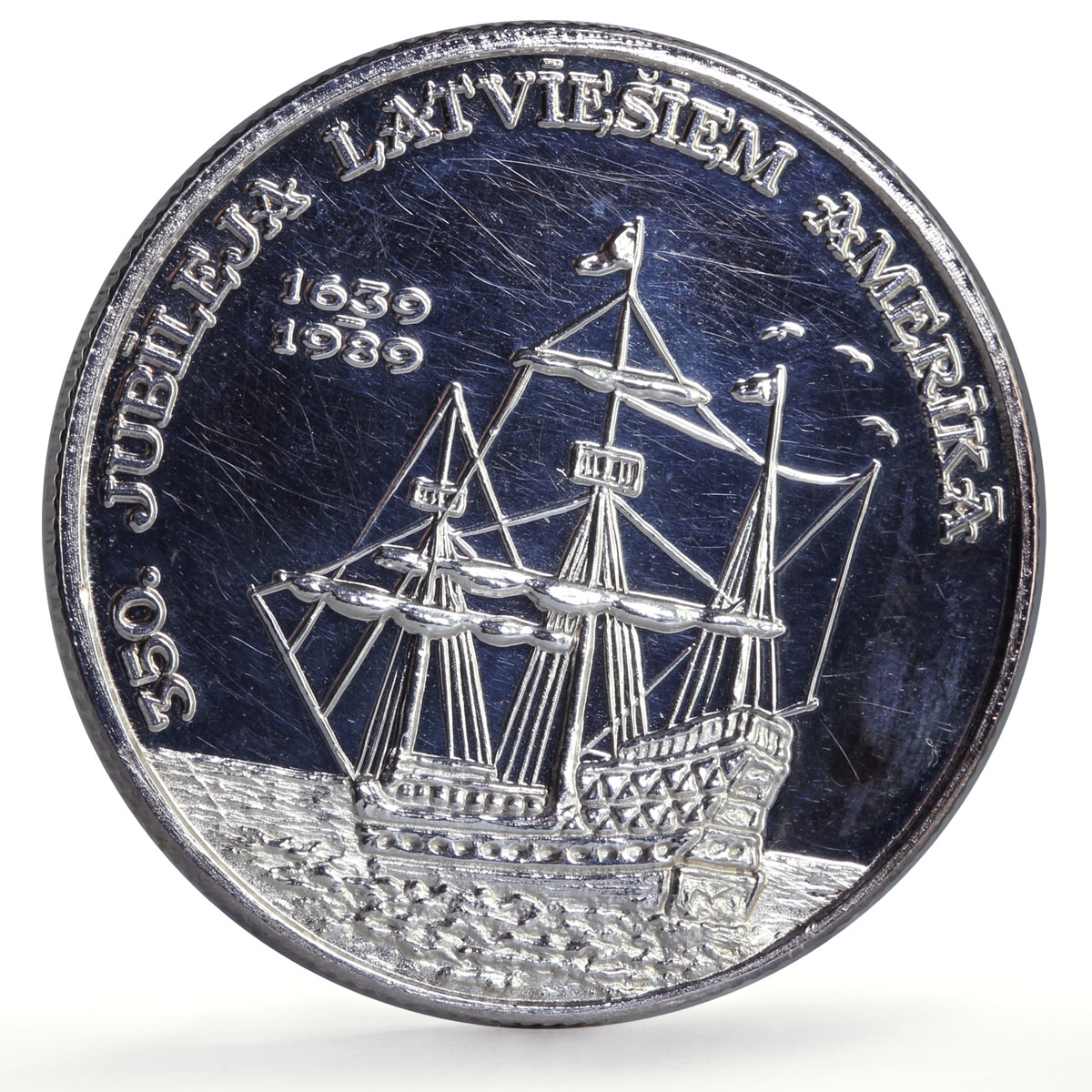 Latvia 1 unce ounce oz Latvians America Ship Clipper PR silver token coin 1989