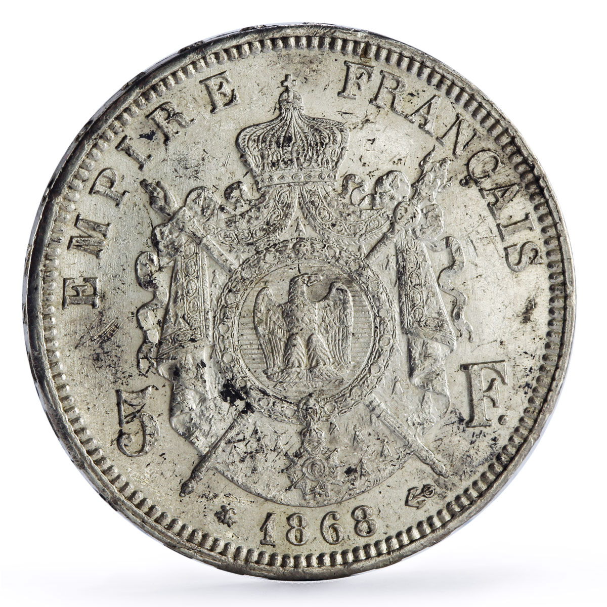 France 5 francs King Napoleon III Coinage KM-799.1 silver coin 1868 A