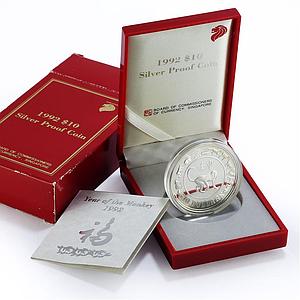 Singapore 10 dollars Lunar Calendar Year of the Monkey proof silver coin 1992