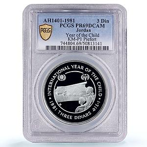 Jordan 3 dinars UNICEF Save the Children Child Year Piefort PR69 PCGS coin 1981