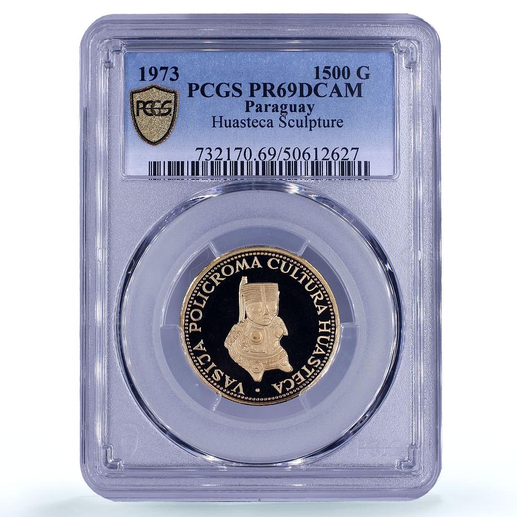 Paraguay 1500 guaranies Huasteca Sculpture Vase Art PR69 PCGS gold coin 1973