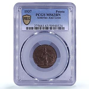 Spain Asturia 1 peseta Republic Coinage Seedsman KM-2 MS63 PCGS copper coin 1937