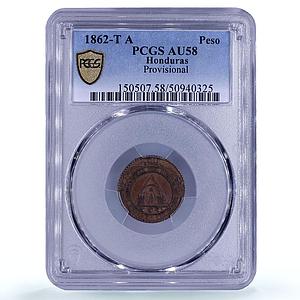 Honduras 1 peso Provisional Coinage Tree KM-24 AU58 PCGS copper coin 1862