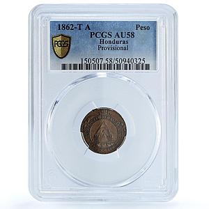 Honduras 1 peso Provisional Coinage Tree KM-24 AU58 PCGS copper coin 1862