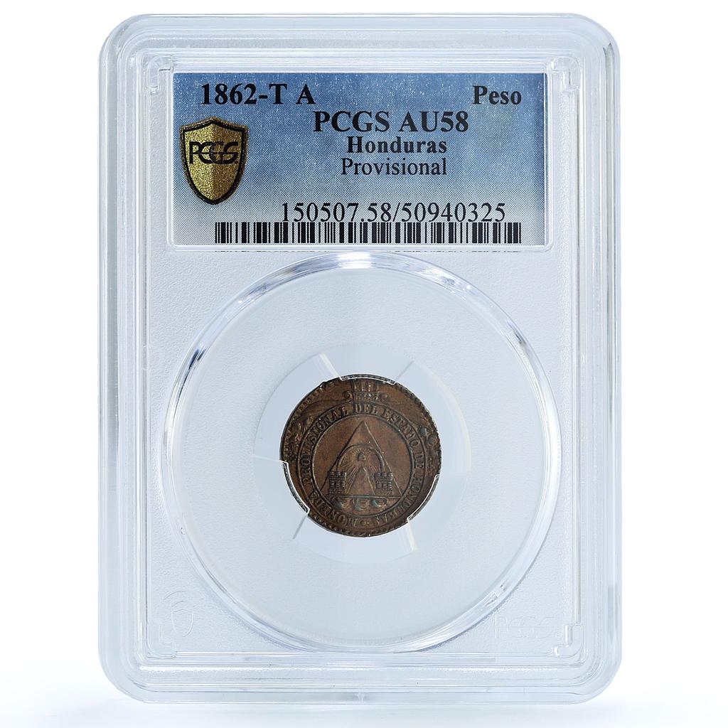 Honduras 1 peso Provisional Coinage Tree KM-24 AU58 PCGS copper coin 1862