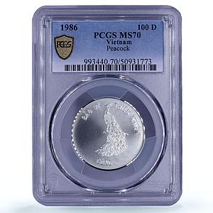Vietnam 100 dong Conservation Pavo Peacock Bird Fauna MS70 silver coin 1986