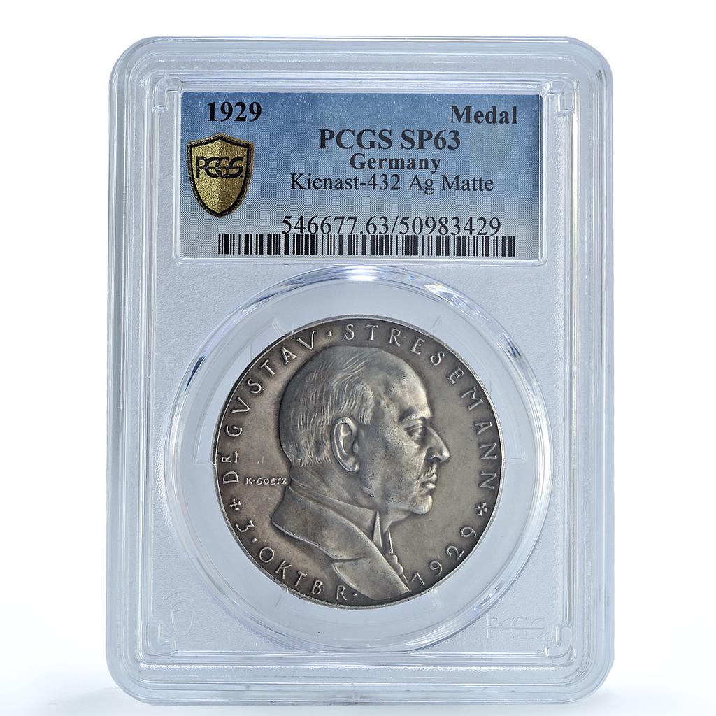 Germany Weimar Gustav Stresemann Politics Matte SP63 PCGS silver medal 1929 Germany Weimar Gustav Stresemann Politics Matte SP63 PCGS silver medal 1929