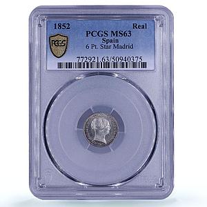 Spain 1 real Queen Isabella II 6 Pointed Stars Madrid MS63 PCGS silver coin 1852