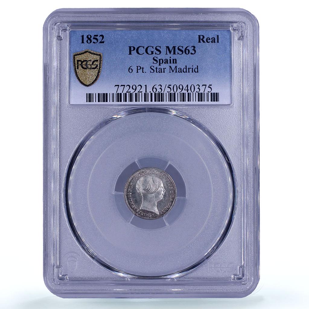 Spain 1 real Queen Isabella II 6 Pointed Stars Madrid MS63 PCGS silver coin 1852