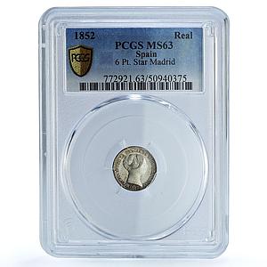 Spain 1 real Queen Isabella II 6 Pointed Stars Madrid MS63 PCGS silver coin 1852