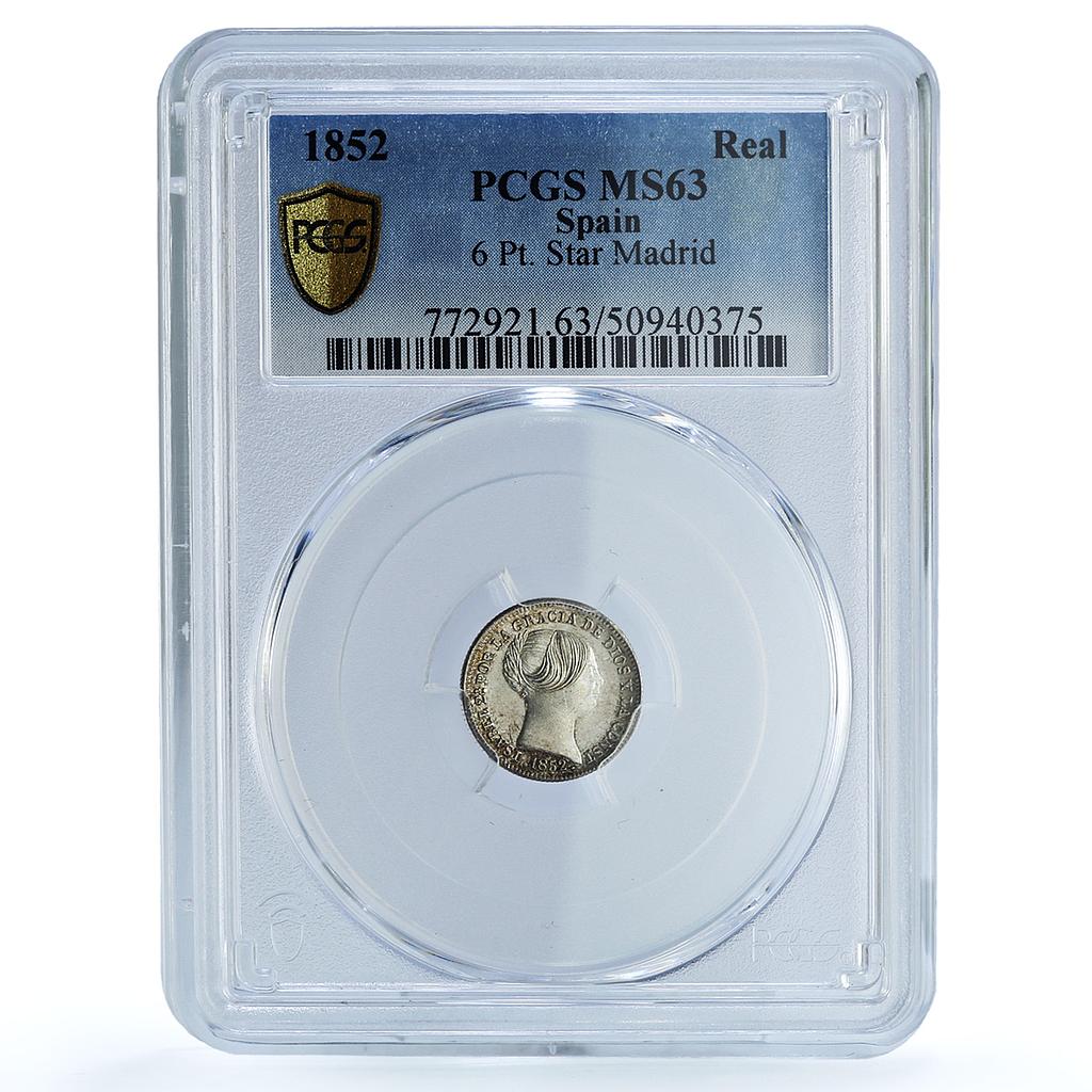 Spain 1 real Queen Isabella II 6 Pointed Stars Madrid MS63 PCGS silver coin 1852 Spain 1 real Queen Isabella II 6 Pointed Stars Madrid MS63 PCGS silver coin 1852