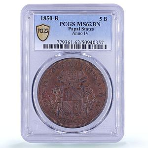 Italy Papal States 1 baiocchi Pius IX Coinage KM-1356 MS62 PCGS copper coin 1850