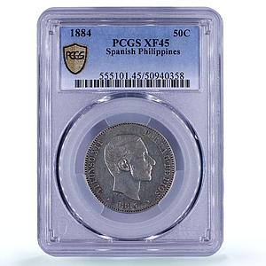Philippines 50 centavos King Alfonso XII Coinage XF45 PCGS silver coin 1884