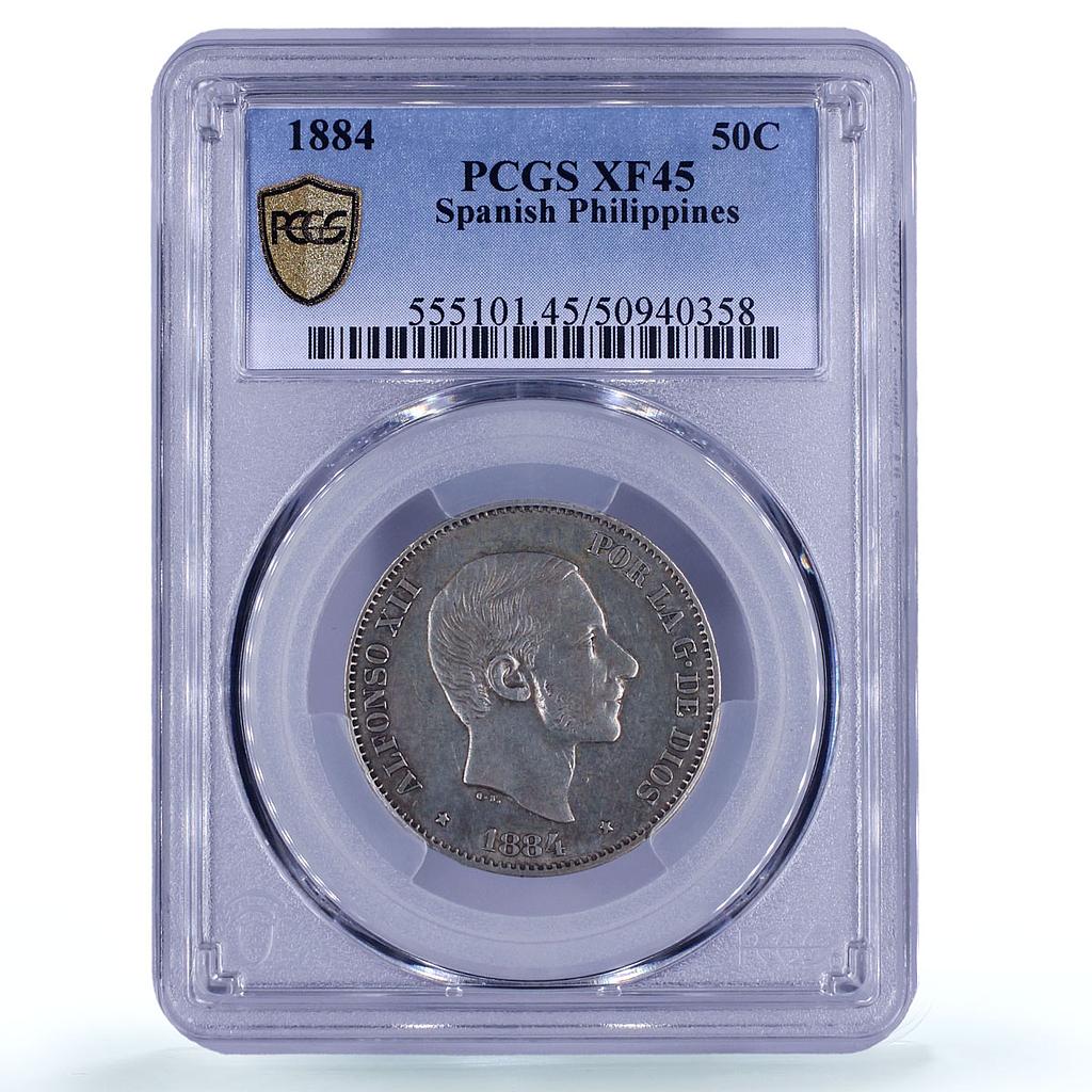 Philippines 50 centavos King Alfonso XII Coinage XF45 PCGS silver coin 1884