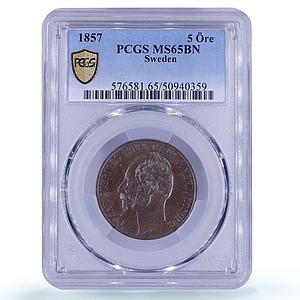 Sweden 5 ore King Oscar I UNIQUE VARIETY KM-690 MS65 PCGS bronze coin 1857