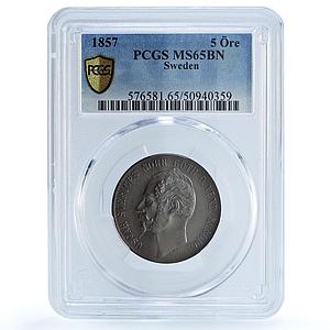 Sweden 5 ore King Oscar I UNIQUE VARIETY KM-690 MS65 PCGS bronze coin 1857