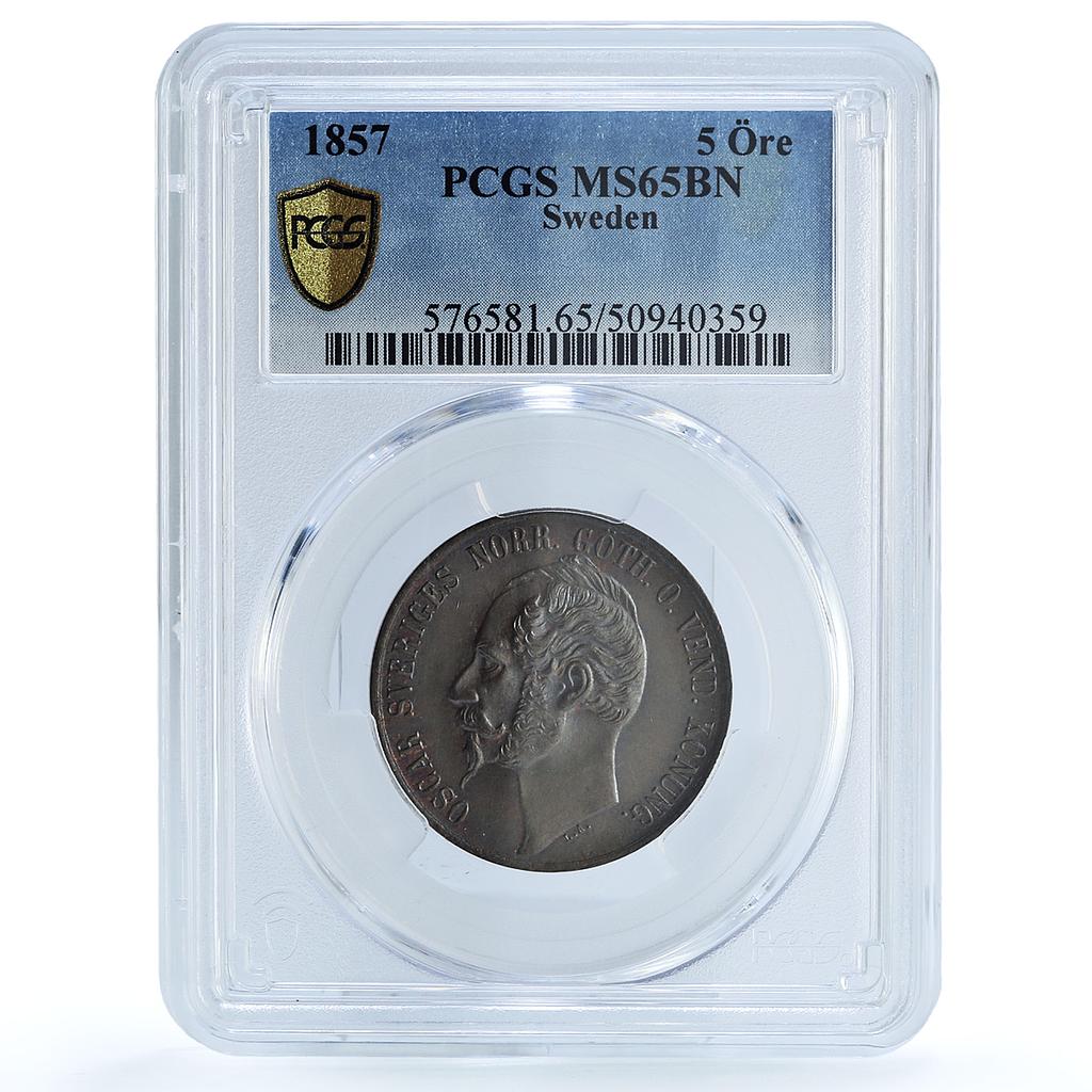 Sweden 5 ore King Oscar I UNIQUE VARIETY KM-690 MS65 PCGS bronze coin 1857 Sweden 5 ore King Oscar I UNIQUE VARIETY KM-690 MS65 PCGS bronze coin 1857