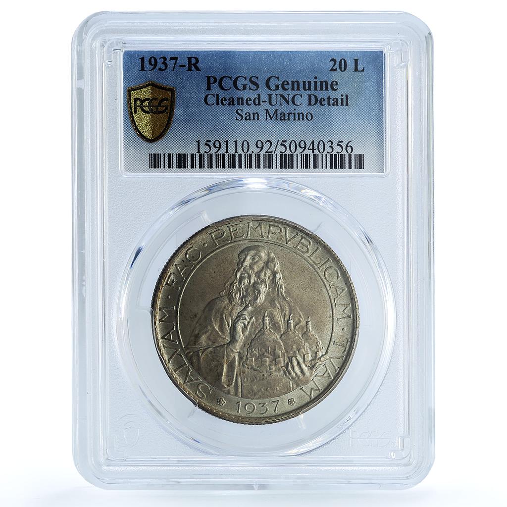 San Marino 20 lire Republic Coinage KM-11a UNC PCGS silver coin 1937 San Marino 20 lire Republic Coinage KM-11a UNC PCGS silver coin 1937