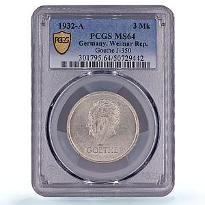 Germany 3 mark Goethe 100th Anniversary Literature MS64 PCGS silver coin 1932