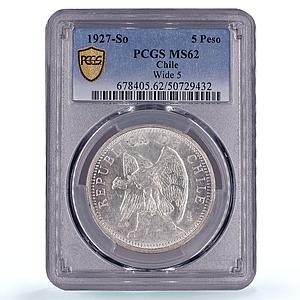 Chile 5 pesos Republic Coinage Condor Bird Wide Five MS62 PCGS silver coin 1927