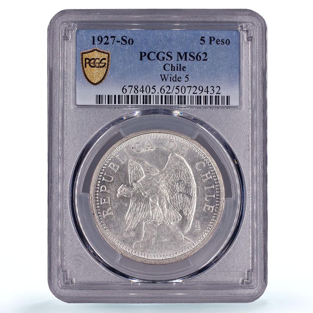 Chile 5 pesos Republic Coinage Condor Bird Wide Five MS62 PCGS silver coin 1927