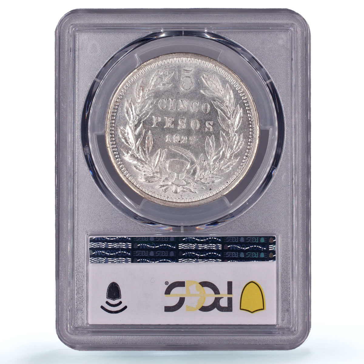 Chile 5 pesos Republic Coinage Condor Bird Wide Five MS62 PCGS silver coin 1927