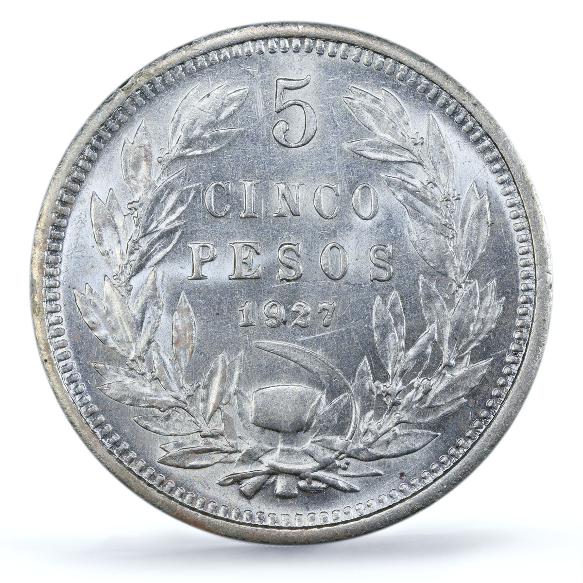 Chile 5 pesos Republic Coinage Condor Bird Wide Five MS62 PCGS silver coin 1927