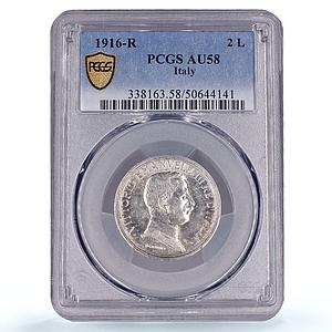 Italy 2 lire King Victor Emmanuel III Coinage KM-55 AU58 PCGS silver coin 1916