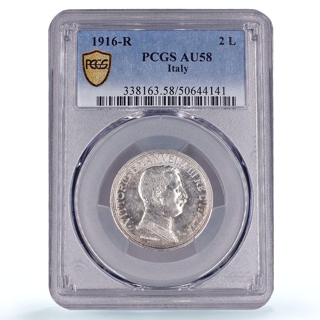 Italy 2 lire King Victor Emmanuel III Coinage KM-55 AU58 PCGS silver coin 1916