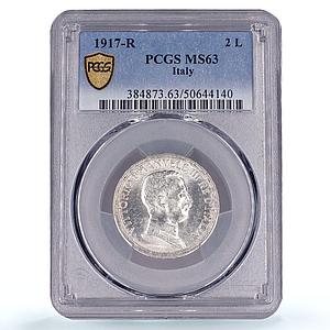 Italy 2 lire King Victor Emmanuel III Coinage KM-55 MS63 PCGS silver coin 1917