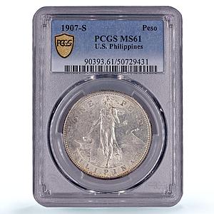 Philippines 1 peso US Decimal Coinage MS61 PCGS silver coin 1907-S