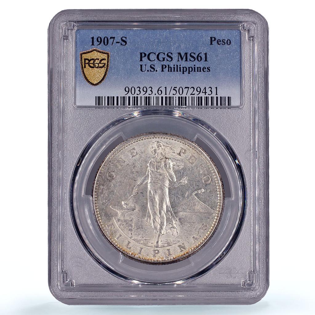 Philippines 1 peso US Decimal Coinage MS61 PCGS silver coin 1907-S