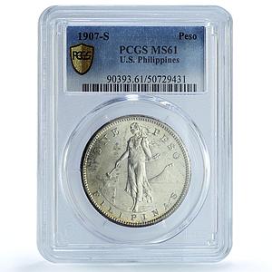 Philippines 1 peso US Decimal Coinage MS61 PCGS silver coin 1907-S
