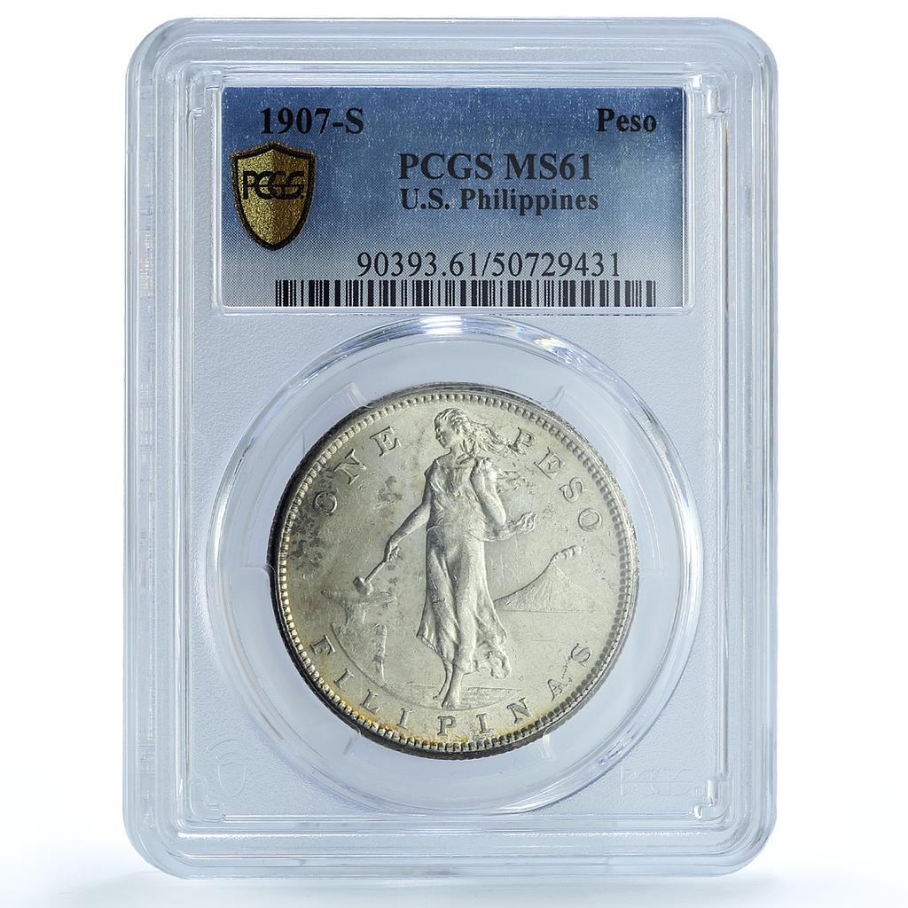 Philippines 1 peso US Decimal Coinage MS61 PCGS silver coin 1907-S