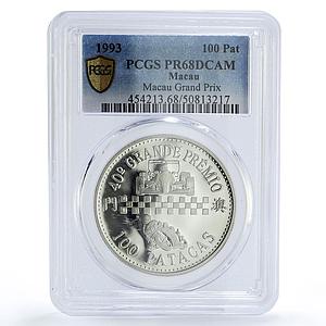 Macau 100 patacas Grand Prix Formule One F1 Car Cycle PR68 PCGS silver coin 1993