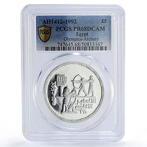 Egypt 5 pounds Barcelona Olympic Games Archery PR68 PCGS silver coin 1992